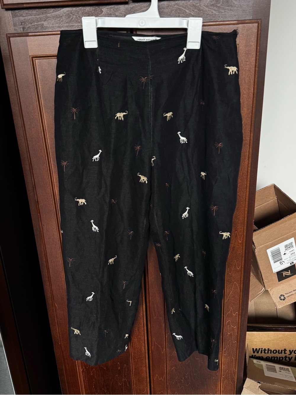 Richard Malcolm Silk Linen Embroidered Safari Animal Crop Pants Size 10